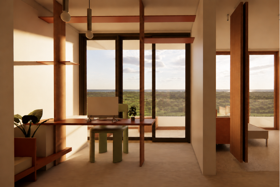 Workspace framed by adaptable timber furniture