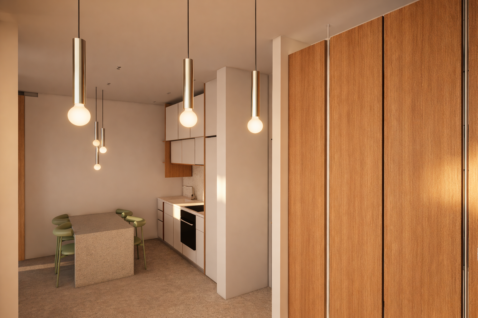 Kitchen and dining area beside timber partitions