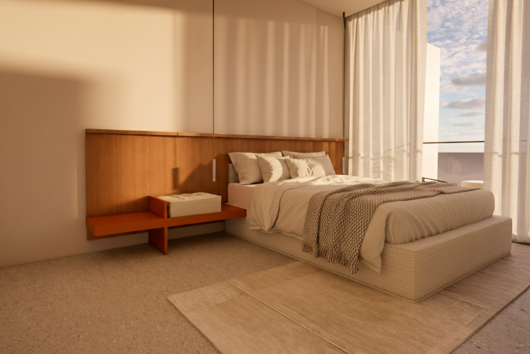 Bedroom with an integrated timber headboard