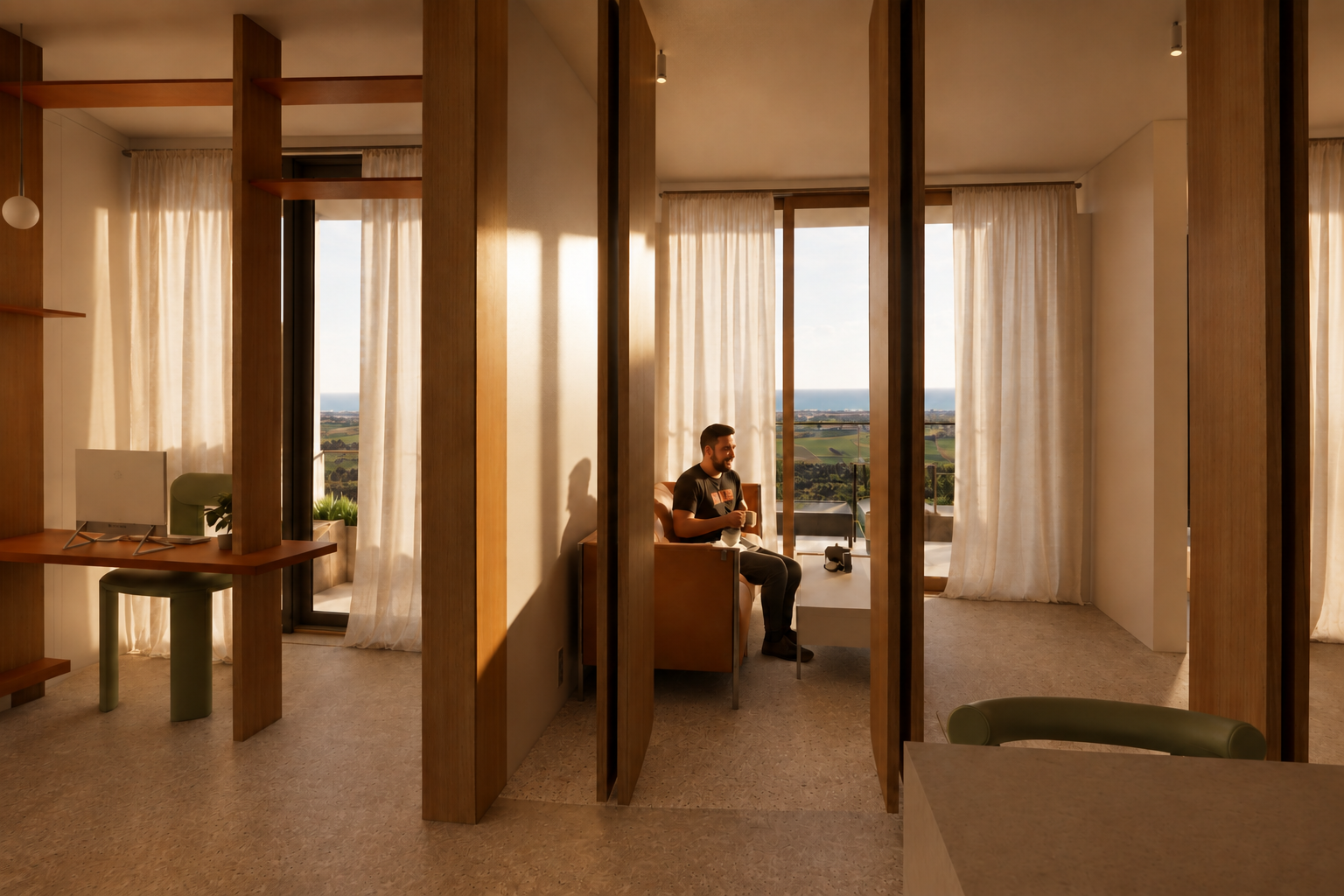 Living spaces divided by flexible timber partitions