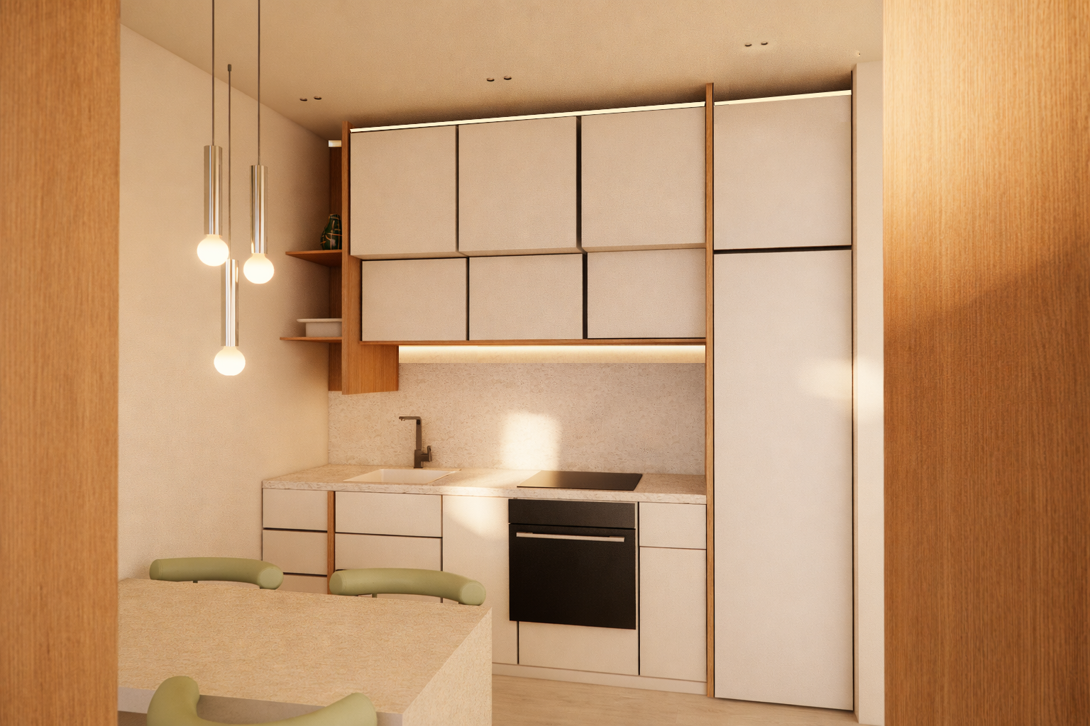 Compact kitchen with integrated cabinetry