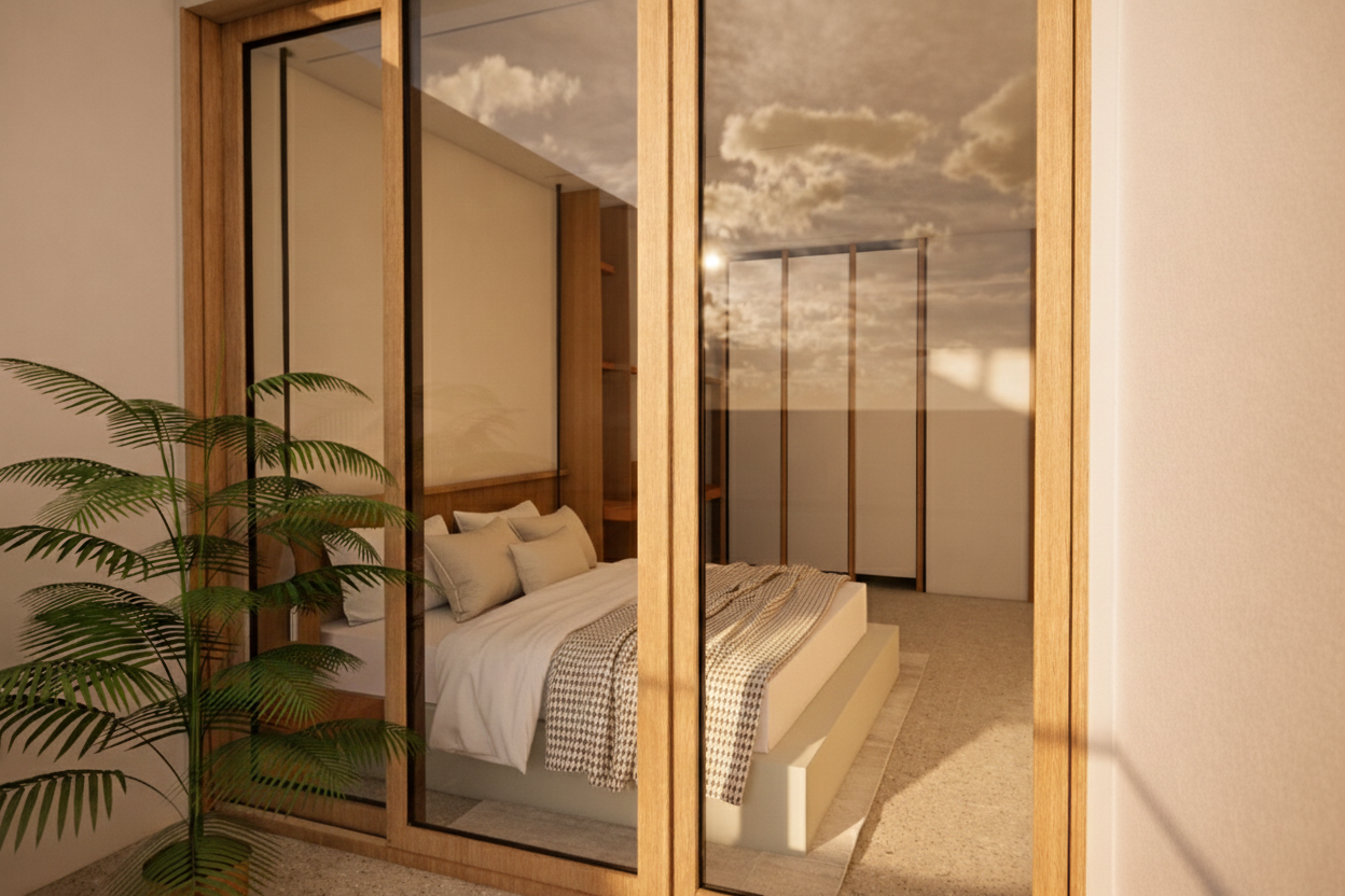 Bedroom viewed through glazed timber partitions