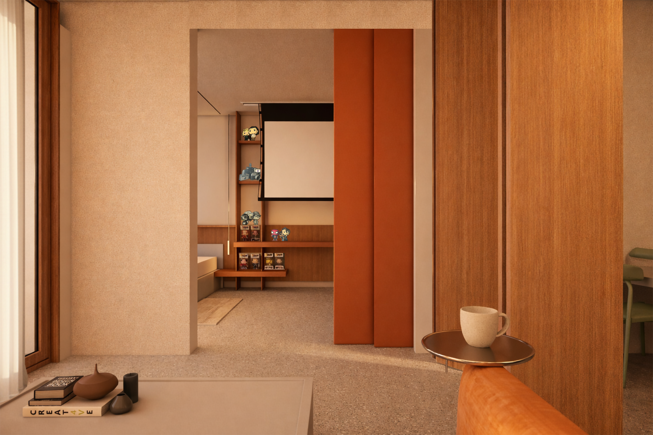 Living area with an orange flexible partition
