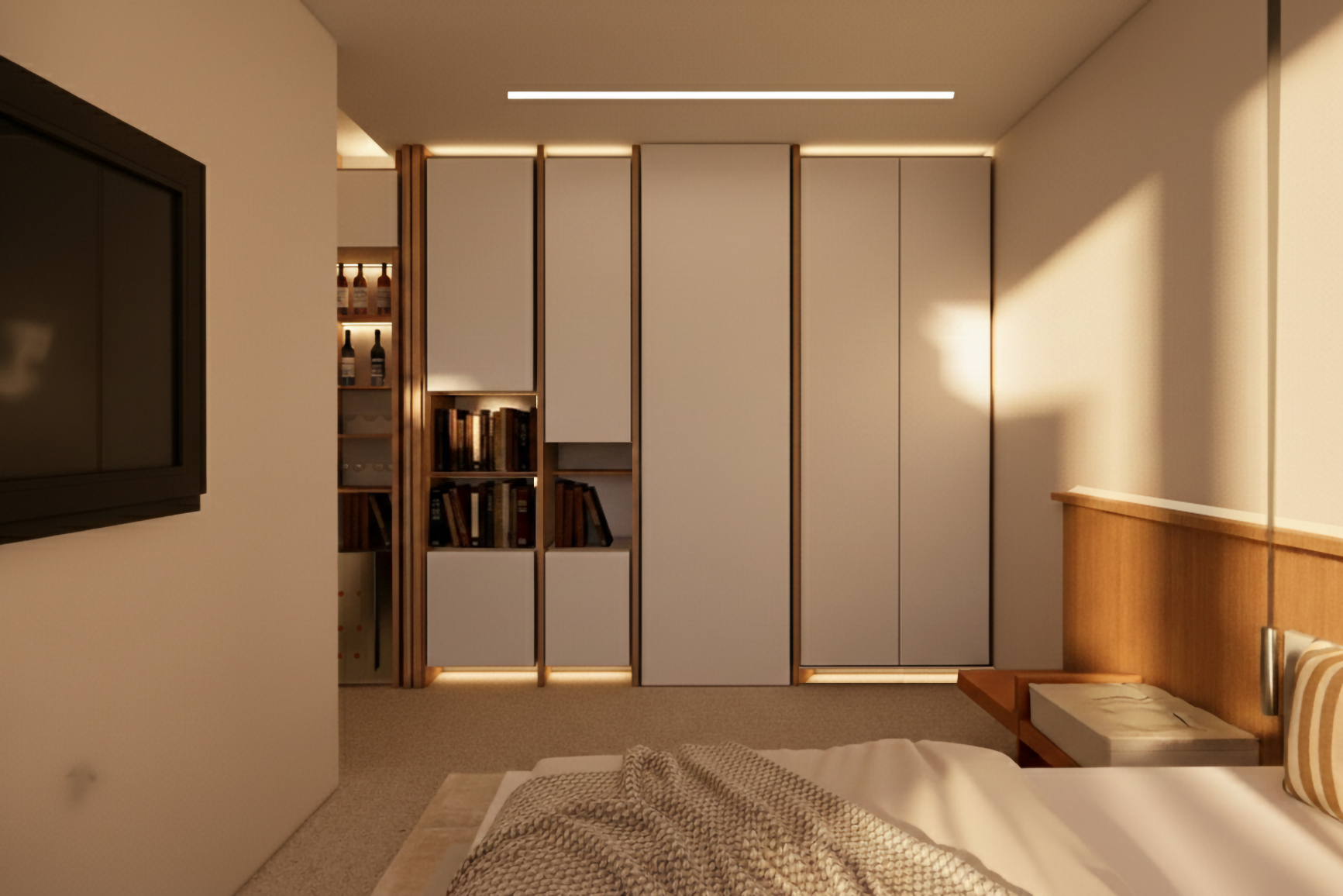 Bedroom interior with integrated adaptable furniture