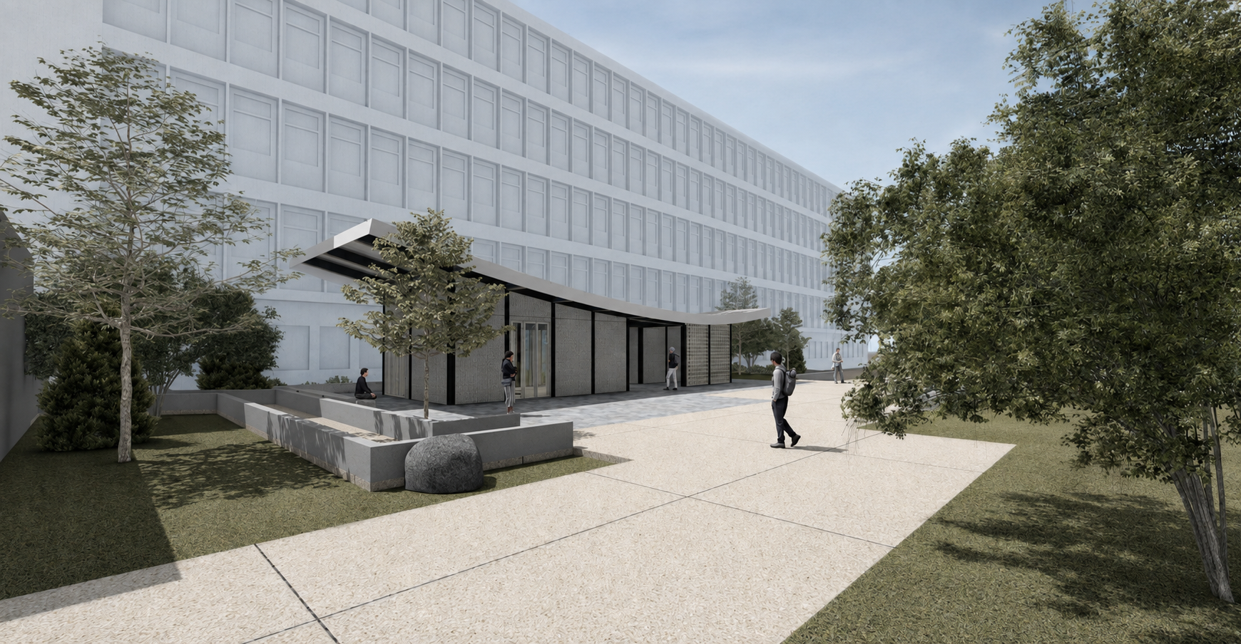 Angled exterior view of the Habitan pavilion and courtyard
