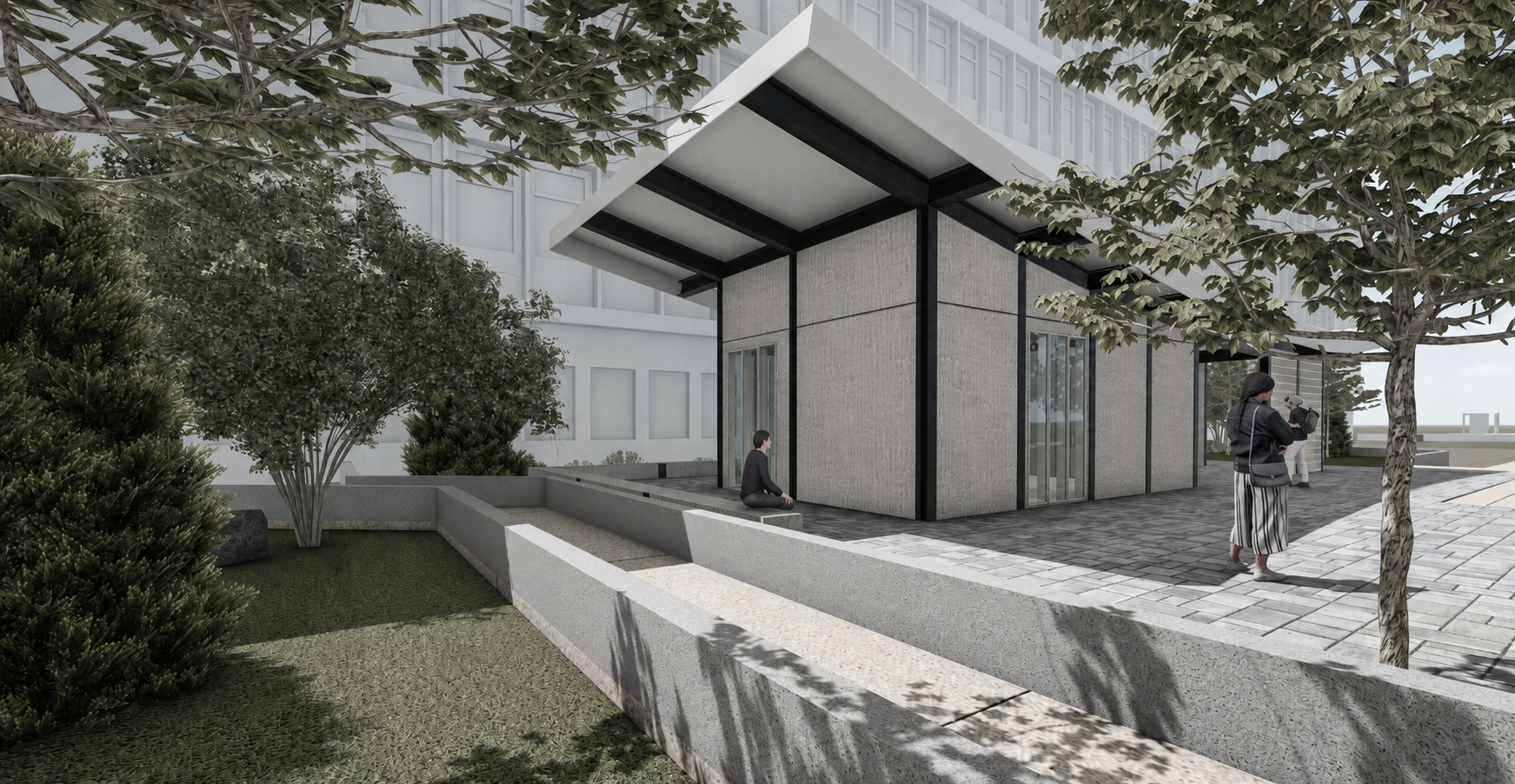 Close exterior view of the Habitan pavilion within the landscaped campus