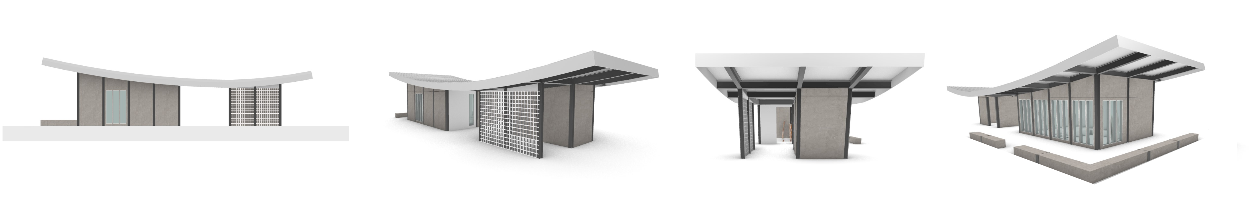 Four architectural views of the Habitan pavilion