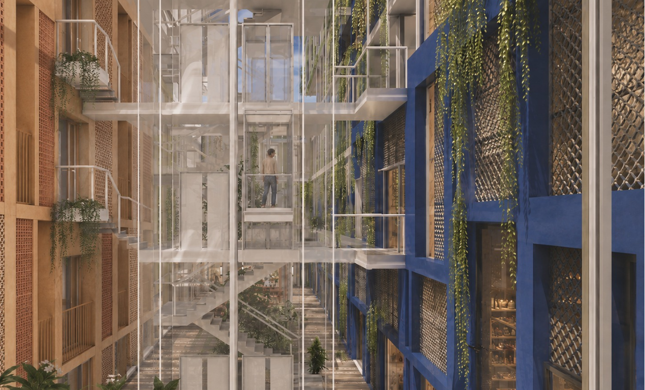 Vertical circulation between the inner buildings