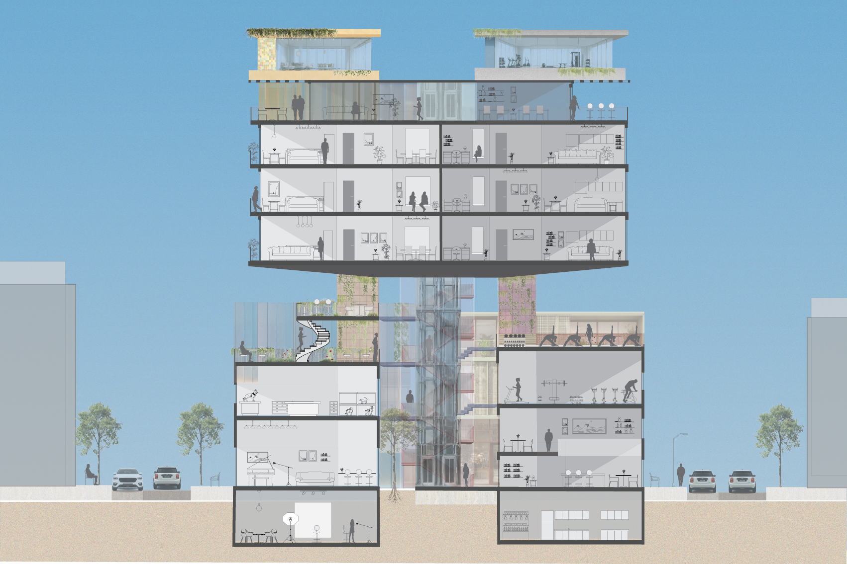 Architectural section through the paired InsideOut buildings