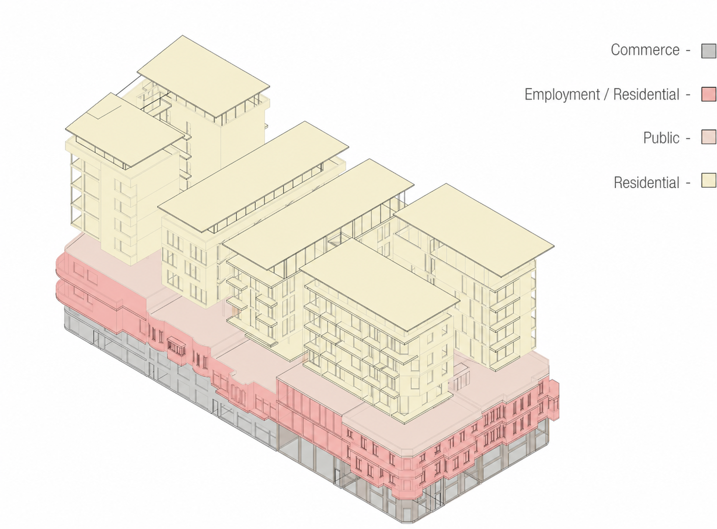 Programmatic axonometric view of the InsideOut proposal with English labels