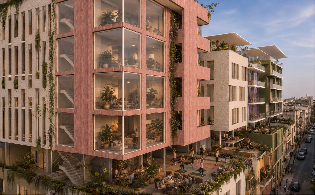 Aerial view of the InsideOut mixed-use buildings and shared terraces
