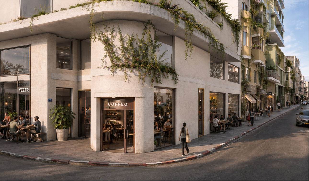 Corner street view with active ground-floor cafés