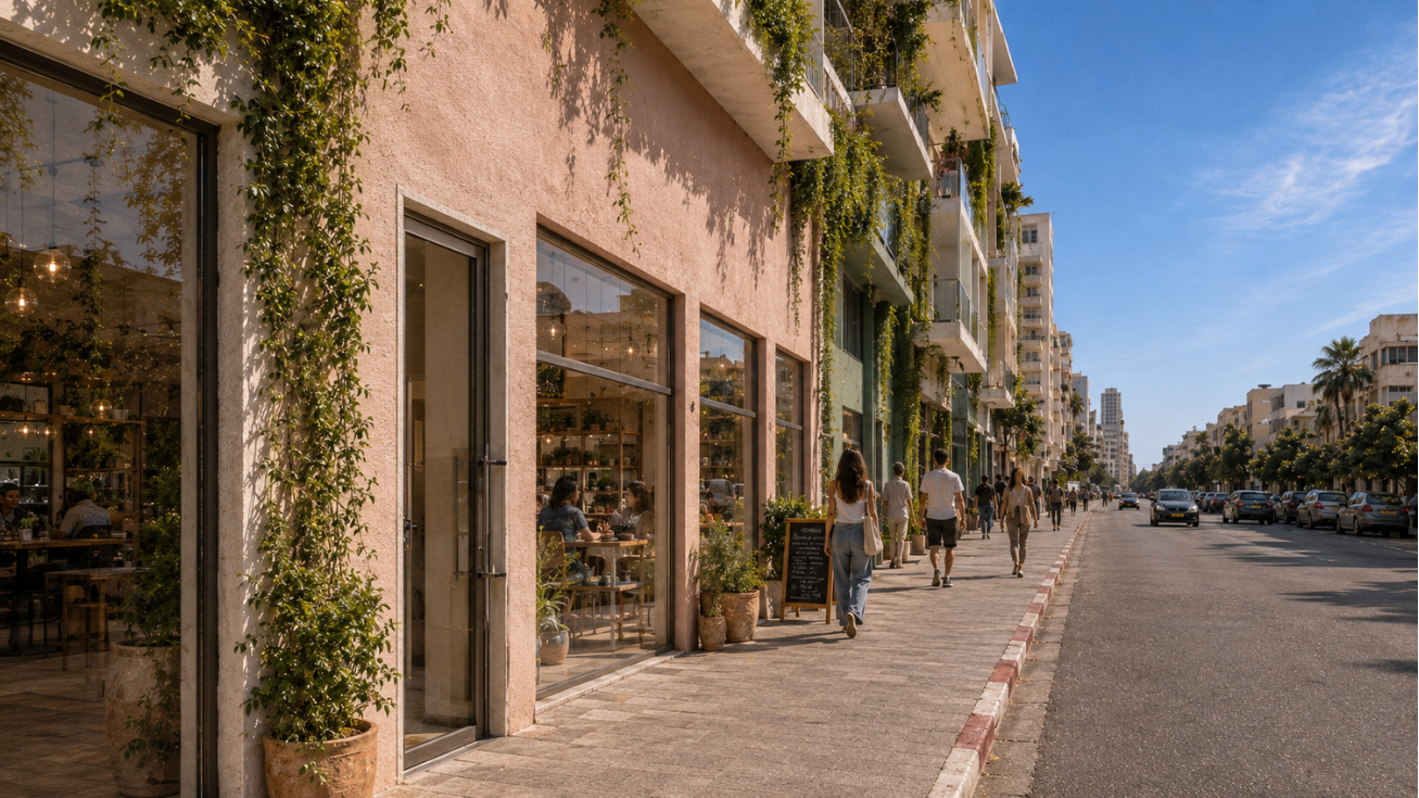Planted commercial frontage along the street