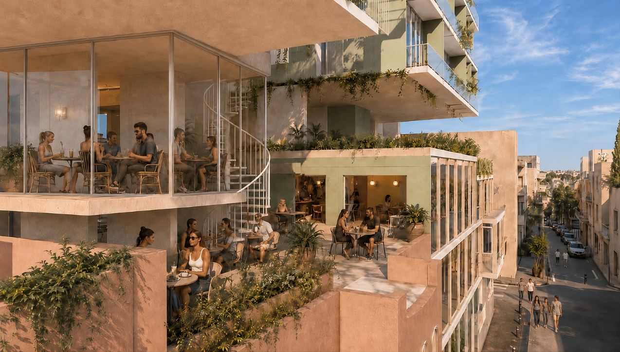Elevated public terraces overlooking the neighborhood