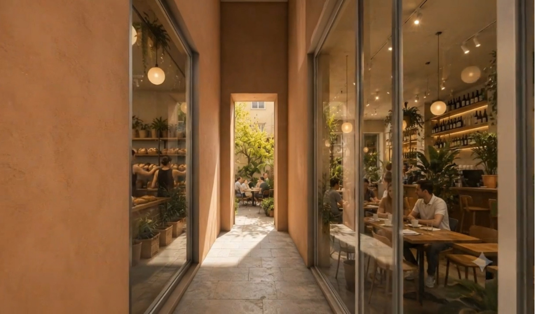 Warm café passage connecting to an inner courtyard