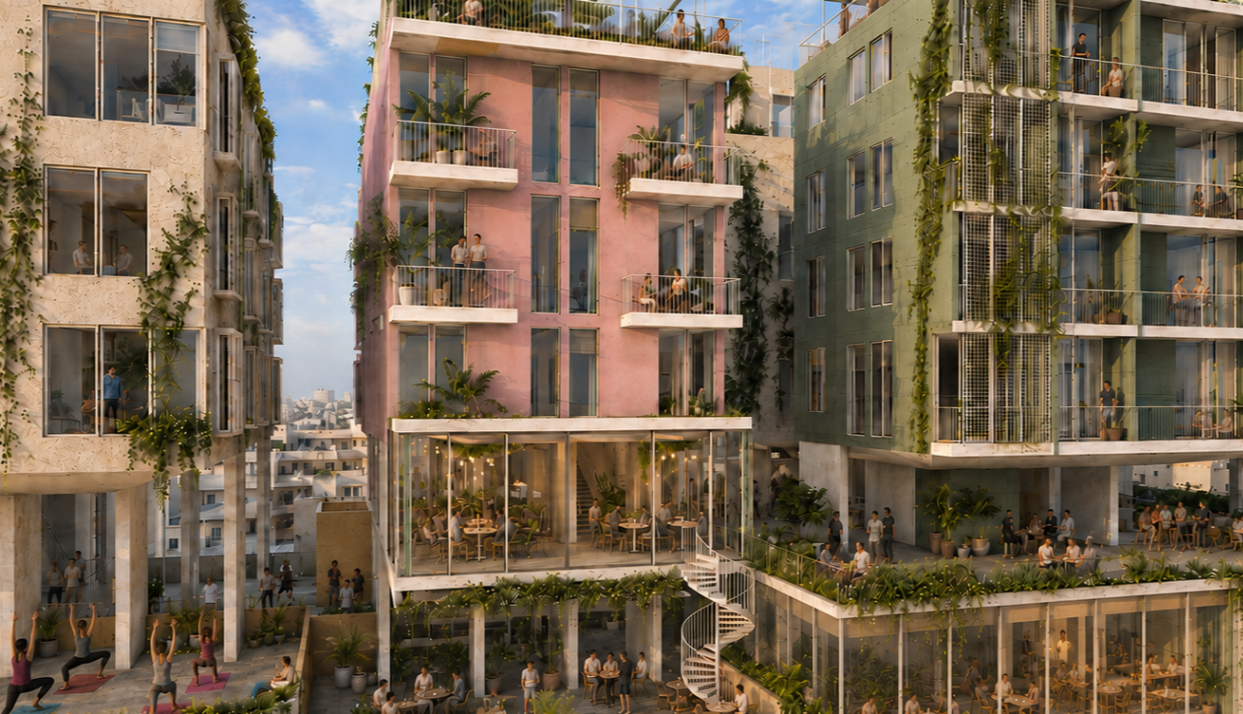 Shared courtyard framed by planted residential buildings