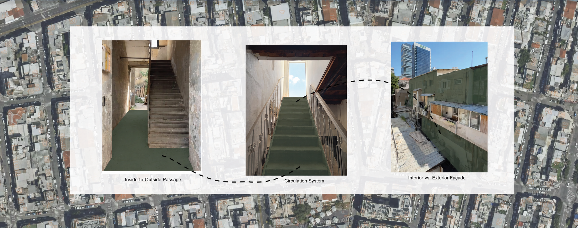 Site analysis of the Florentin block showing existing circulation, stair access, and internal façades