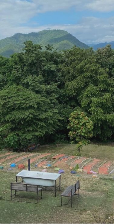 Outdoor seating among trees with mountains in the distance