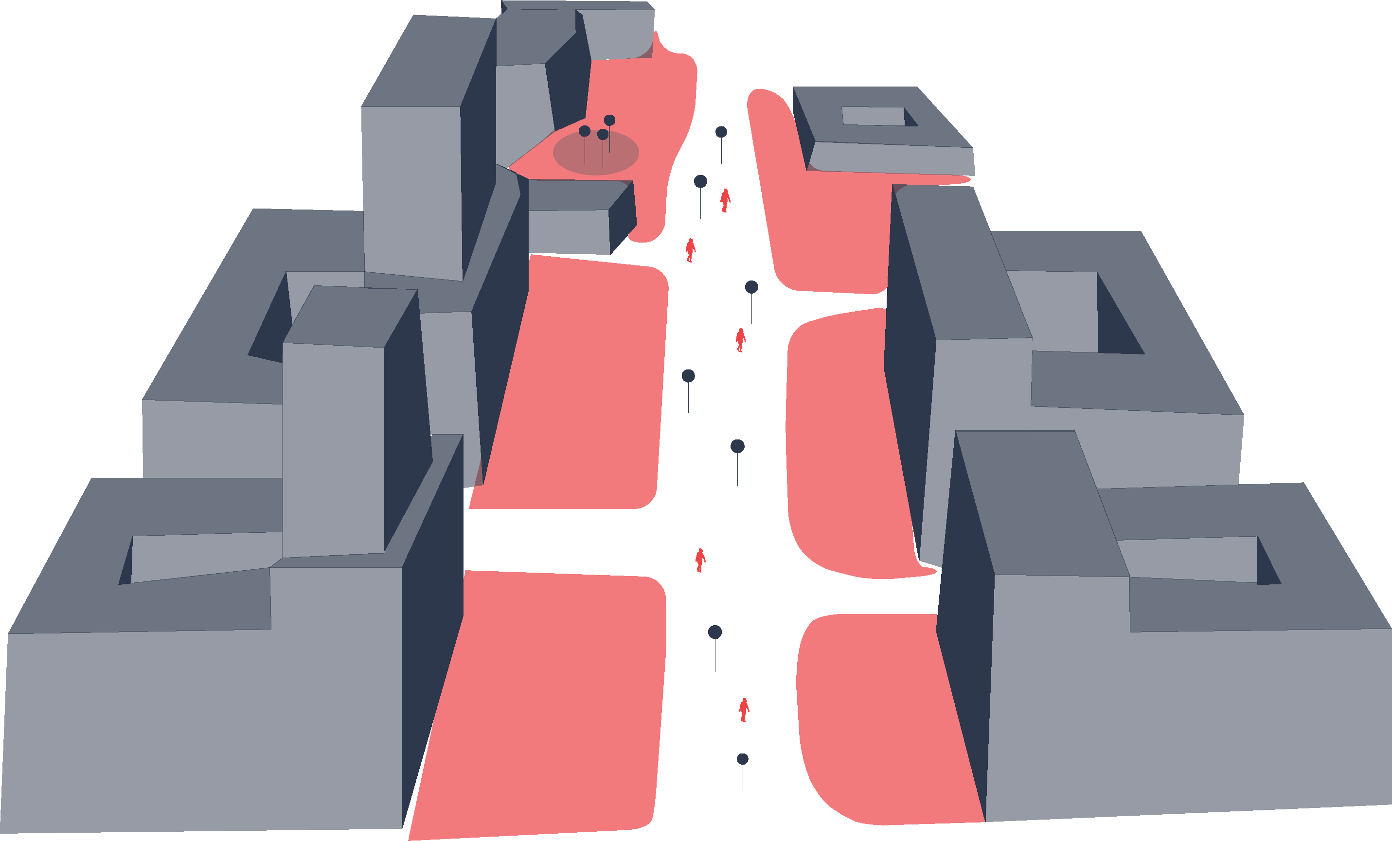 Street planning diagram showing open pedestrian space between existing buildings