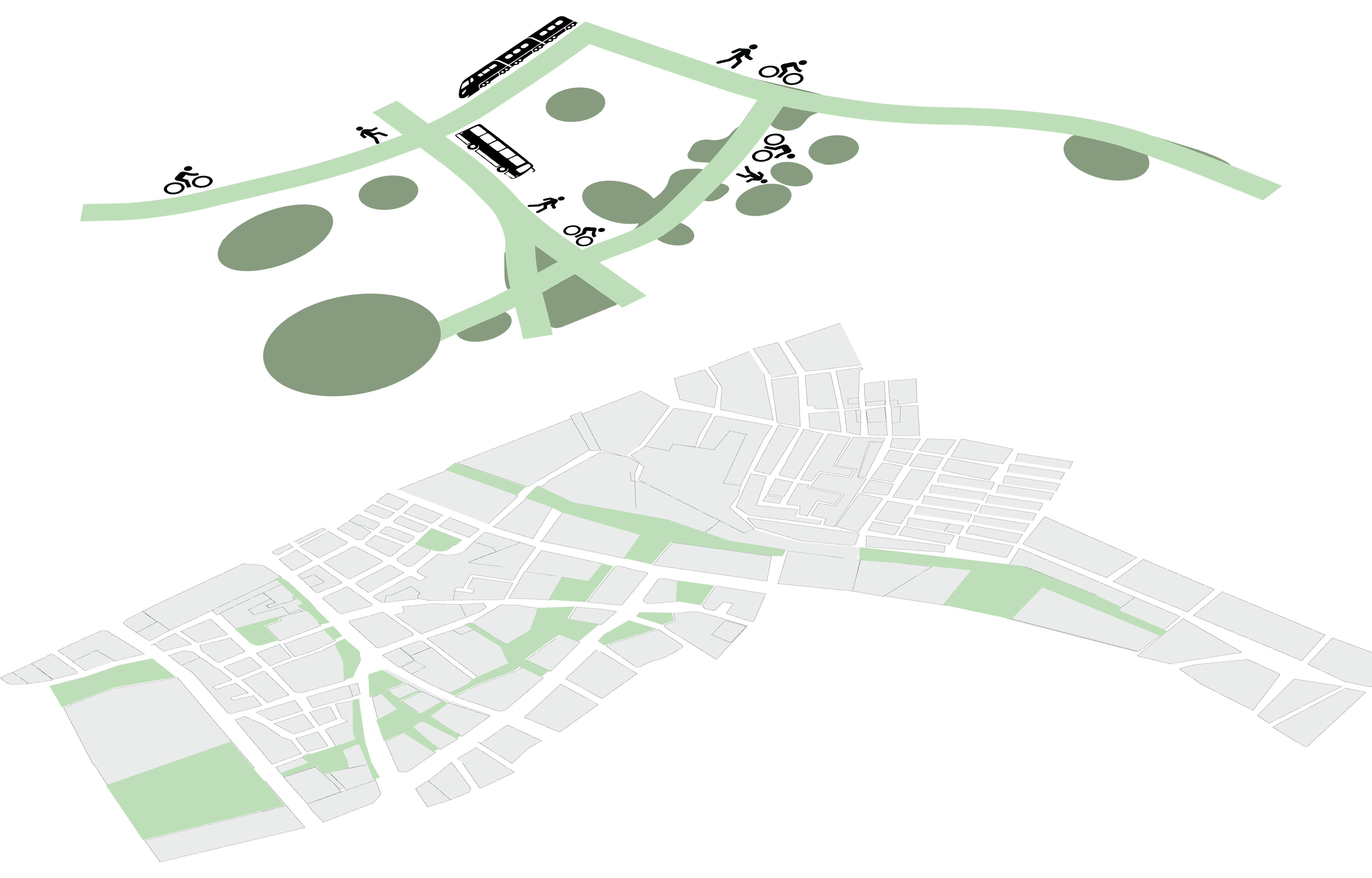 Axonometric diagram showing the proposed green network
